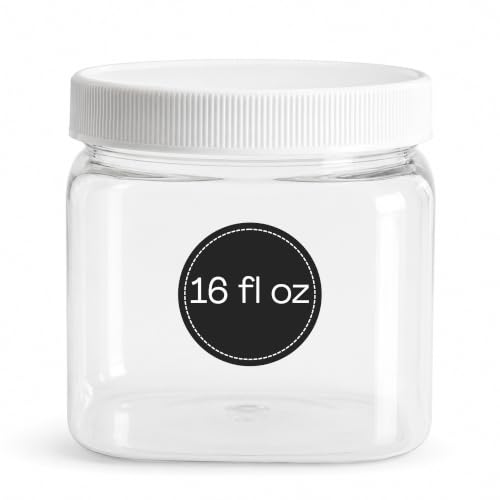 Pride Of India | Clear Food Grade PET Plastic Square Grip Storage Jar w/Cap 16 Fluid Ounces | 2-3 Cup Storage Capacity | Airtight Seal & Easy Handling | Store Sugar, Spices, Nuts, Seeds & Pet Treats - size: Small Square Jar & Cap