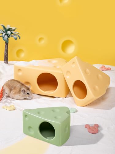 Hamster Hideout Ceramic,Cheese Shape Funny Small Animal Pet Bed for Hamster,MINI Hut Cave Cage Accessories for Dwarf Hmaster,Gerbils,Small Guinea Pig and Hedgehog (Small,Yellow) - size: Medium