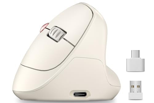 Ergonomic Vertical Wireless Mouse, 57°, Small/Medium Hands, Beige | Rechargeable, Quiet Click, 800/1200/1600 DPI, 2.4GHz USB Receiver, Forward/Back Buttons, Computer Mouse for Laptop PC Mac - color: Beige