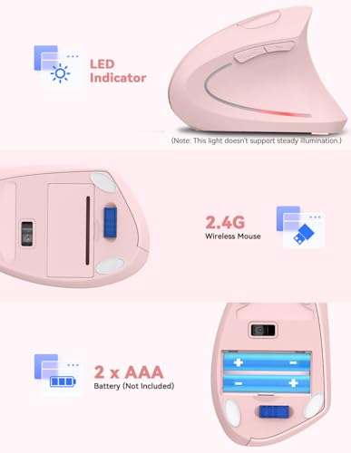 TECKNET 2.4G Ergonomic Mouse Vertical Wireless 4800 DPI Carpal Tunnel Mouse | 5 Adjustable DPI, Optical Tracking, 12 Months Battery, Quiet, 6 Buttons for Laptop, PC, Computer, Right Hand, Pink - color: Pink