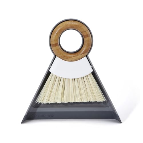 Full Circle Tiny Team Mini Compact Brush & Dustpan Set, Portable Handheld Broom for Quick Cleanups, Ideal for Home, Bathroom, Kitchen Countertops. Bamboo Hand Broom & Small Crumb Sweeper, White - color: White