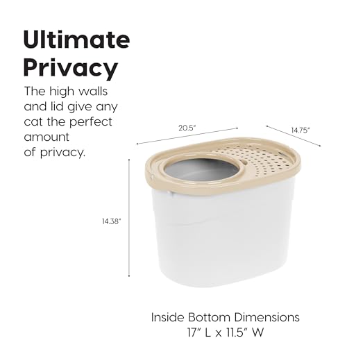 IRIS USA Large Top Entry Cat Litter Box, Hooded Privacy, Beige | Dog-Free Zone, Enclosed Top Access, Protected Interior, Dog Proof Pan, Odor Trapping, Reduced Tracking - color: White w/ Scoop