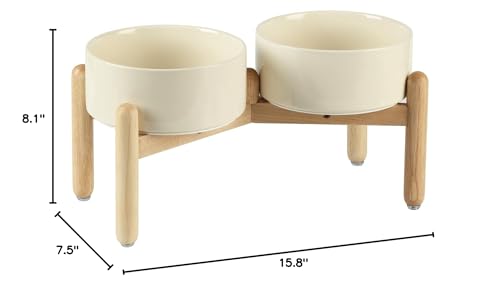 Havniva Elevated Dog Bowls Ceramic Dog Bowls with Stand, Dog Food Bowl | 7.3” Raised Dog Bowls with Non-Slip Wood Stand, Dog Food and Water Bowl Set, Double Dog Feeding Bowls for Medium Dogs - color: 2 Bowls+Stand - Light Yellow, size: 7.3inch