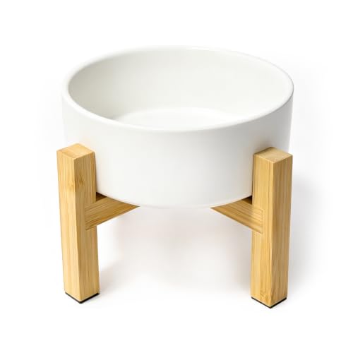 Elevated Ceramic Cat Bowl - Cat Food Bowl with Bamboo Stand - Raised Dog Dish for Puppies - Anti Vomiting, Stress Free - 13.5 oz / 400 ml - White - color: White, size: Small