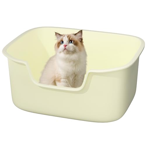 Large Cat Litter Box with High Sides, Side Entry Open Top Deep Tall Litter Pan, Kitty Litter Box for Indoor Small and Medium Cats, Creamy White (Anti-Splashing) 19.7" L x 15.4" W x 8.6" H - color: Creamy White