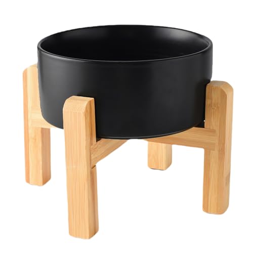 6'' Ceramic Raised Dog Bowl - 30Oz Dog Food & Water Bowl with Elevated Non-Slip Bamboo Stand, Dishwasher & Microwave Safe, Anti Vomiting Heavy Duty Pet Bowl for Small and Medium Dogs, Black - color: 1 x Bowl + Stand - Black, size: 6 inch