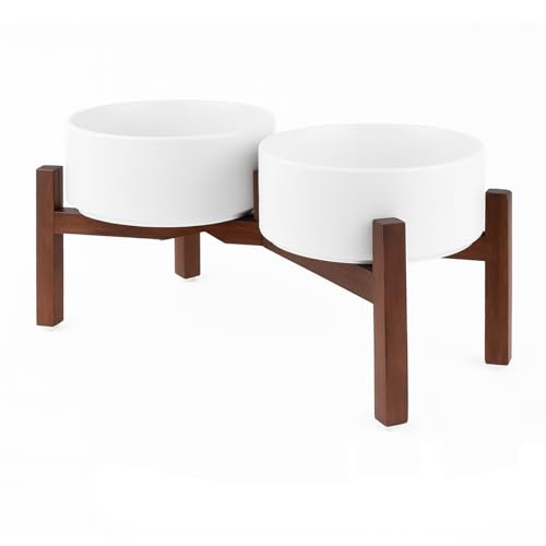 SPUNKYJUNKY Raised Ceramic Dog Bowls Set with Non-Slip Acacia Wood Stand for Medium Sized Dog(42.27 OZ, White) - color: White, size: 42.27 Oz
