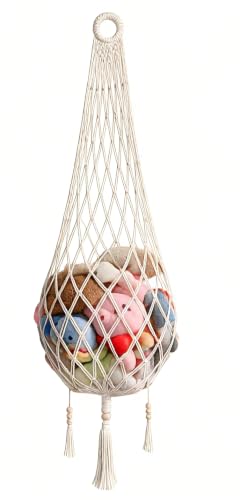 Stuffed Animal Hammock with Hooks, 5 FT Boho Macrame Hanging Toy Storage Net, Cotton Plush Toy Organizer for Wall or Door, Nursery, Kids Playroom, Includes Wall & Adhesive Hook & Star Stickers, Cream
