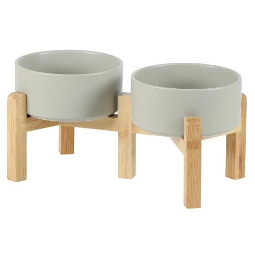 Havniva Dog Bowls Elevated, Ceramic Dog Food and Water Bowl Set | 6.1” Raised Dog Food Bowl, Elevated Dog Bowls with Bamboo Stand, Non-Slip Dog Water Bowl for Small Dog, Large Capacity - color: Matte Gray, size: 6.1" - 2 Bowls+Stand