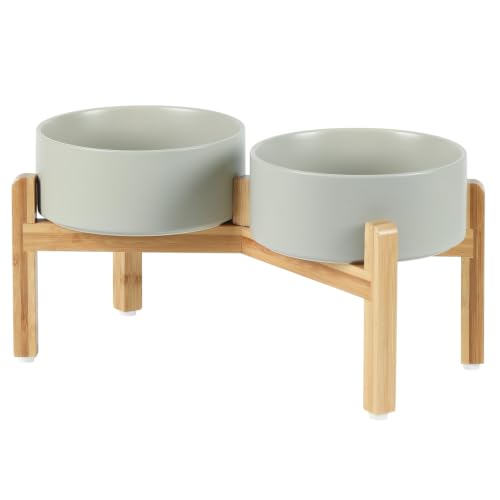 Havniva Dog Bowls Elevated, Ceramic Dog Food and Water Bowl Set | 7.3” Raised Dog Food Bowl, Elevated Dog Bowls with Bamboo Stand, Non-Slip Dog Water Bowl for Medium Dog, Large Capacity - color: Matte Gray, size: 7.3" - 2 Bowls+Stand