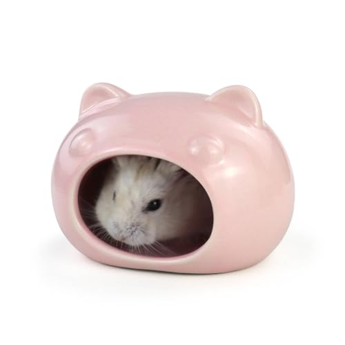 Hamster Ceramic House, Cute Bear Shape Hamsters Summer Cooling Cave for Small Pets Dwarf Mice Gerbils (Pink, S)