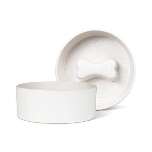 Fringe Studio Speckled Bone Bone Medium Ceramic Slow Feeder Pet Bowl (6.5" Diameter x 2.5" H, 30 fl.oz.), PetShop Collection (780MD001) - color: Speckled Bone Bone, size: Medium