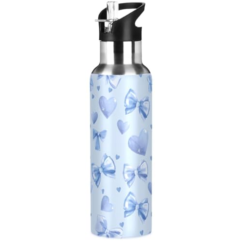 Light Blue Bows Hearts Water Bottle Kids Insulated Sports Vacuum Stainless Steel Mug with Straw Lid & Handle 20 oz - color: C2979