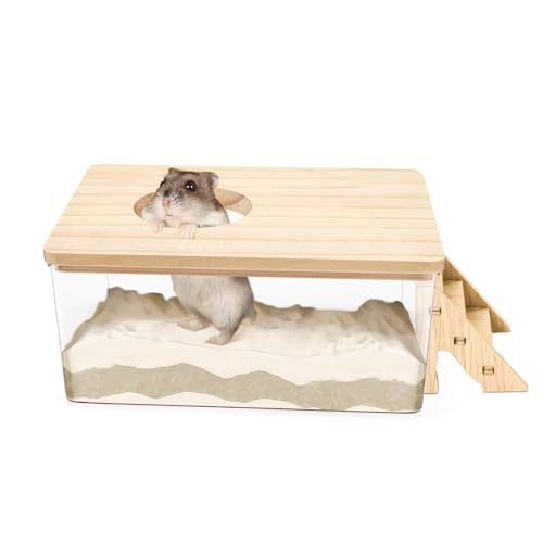 Hamster Sand Bath, Pentagon Hamster Sand Bath Container with Climbing Ladder, Large Acrylic Hamster Dig Box with Wood Cover, Sand Bath for Hamsters Small Animals (Rectangle) - style: Rectangle