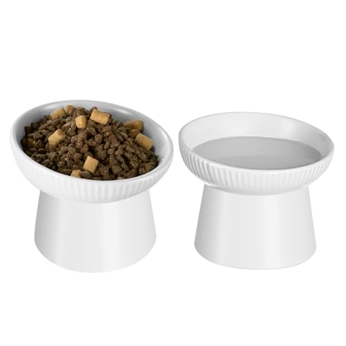 Ceramic Elevated Cat Bowls-Water Bowl, 15° Tilted Design, Anti-Vomiting & Spine Protection, Prevent Whisker Fatigue for Kittens to Adult Cats and Small Dogs (White-15° Cat Bowls-2) - color: White-15° Cat Bowls-2