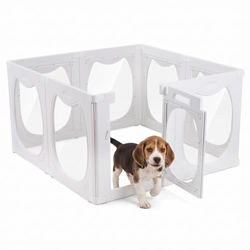 Clear PET Dog Playpen Indoor, 8-Panel Heavy-Duty Transparent Puppy Playpen, Modular Pet Fence Enclosure for Small Medium Dogs, Easy to Assemble (White, 24 Inch H, 8 Panels) - color: White