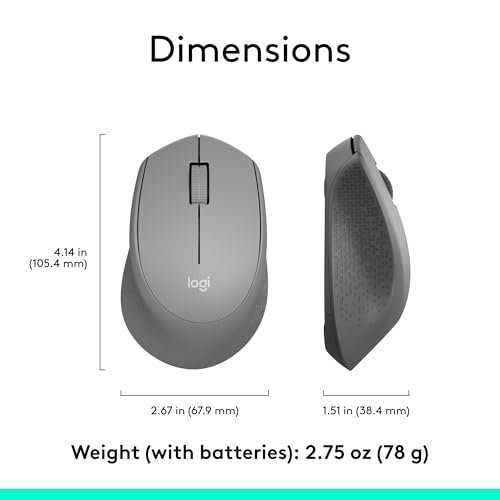 Logitech M330 Silent Plus Full Size 2.4 GHz Wireless Mouse - Grey | Silent, lightweight, 2.4 GHz USB-A Nano Receiver, 1000 dpi optical tracking, 2-year battery life, PC, Mac, laptop compatible - color: Grey