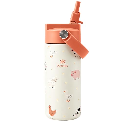 KEWIXY 14 oz Water Bottle with Straw, Easy Slide Lid, Leak Proof, Keep Cold 24H, Vacuum Insulated, Metal Stainless Steel with Handle for School, Farm Friends - color: Farm Friends, size: 14 Ounces