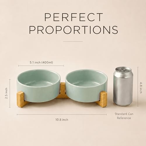 SPUNKYJUNKY Ceramic Dog and Cat Bowl Set with Wooden Stand, Modern Cute Weighted Food Water Set for Small Size Dogs (13.5OZ) & Medium Sized Dogs (28.7OZ) & Cats (1.7 Cups, 2 × Morandi Green) - color: Morandi Green × 2, size: 1.7 cups