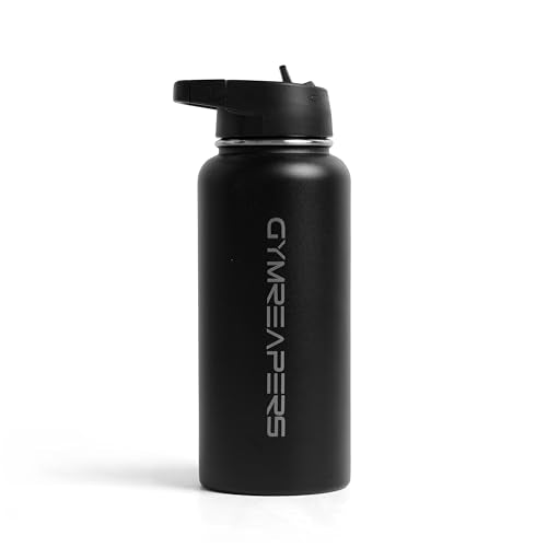Gymreapers Insulated Water Bottle - Stainless Steel 32 Oz, 3 lids (Straw, Chug, Canteen), Double Walled Vacuum Insulation, Thermo Mug Cold Hot - Durable Powder Coated Finish (Black) - color: Black