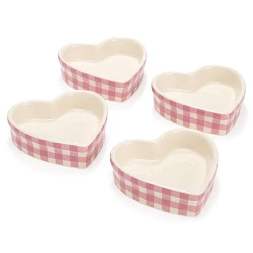 Paris Hilton Heart Shaped Ramekins Oven Safe, 4-Piece Mini Ceramic Ramekin Set, Stoneware Baking Dishes, Microwave, Dishwasher & Freezer Safe, Gingham Design, 3-Ounce, Pink