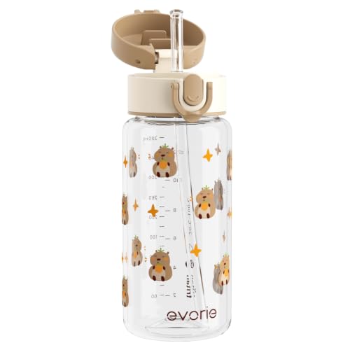 Evorie Tritan Kids Water Bottle with Straw, Leak Proof Drink Bottle,13oz | Ages 3+, BPA-Free, Dishwasher safe, Easy to clean, Lightweight and easy to carry for school and travel, Capybara - color: Capybara