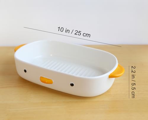 PURROOM Cute Duck Baking Dish, Ceramic Casserole Dish, White Porcelain Pie Pan, 10x7 in Medium Baking Pan with Handles, Oven Safe & Durable Bakeware for Lasagna. - size: 10x7'' Baking Dish