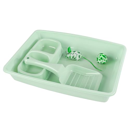 PAWISE Cat Litter Box Set, Small Kitten Starter Kit, Includes Litter Box, Litter Scoop, Double Dish Feeding Bowl, Cat Mouse Toy, Kitty Ball Toy, Green - color: Green