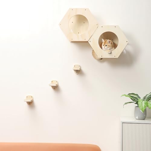 3-in-1 Cat Climbing Wall Steps with Hemp Rope, Shelves and Perches, Scratching Pads for Cats Playing and Climbing (Wood) - color: Wood