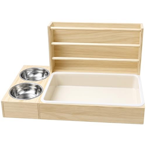 3 in 1 Rabbit Hay Feeder with Litter Box, Wooden Bunny Hay Holder Feeder Toilet Combo with 2 Stainless Steel Bowls and Removable PP Tray for Rabbits, Guinea Pigs,Small Animals