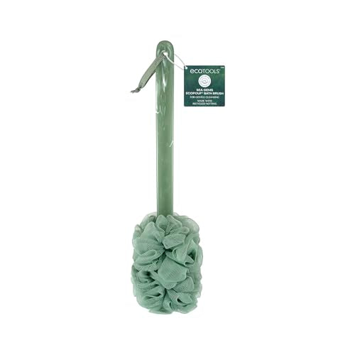 EcoTools Sea Gems EcoPouf Bath Brush, Exfoliating Body Scrubber for Shower | Smooth hard-to-reach areas, long handle loofah back scrubber, recycled netting, vegan, cruelty-free, self-care, clean skin - style: EcoPouf Bath Brush