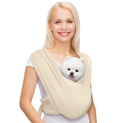 Small Dog Sling Carrier, Hands-Free, Beige, Plus | Patented Front Carrier Reduces Back and Neck Strain; Adjustable, Soft Cotton, 3D Air Mesh for Puppies & Cats up to 20 lb - color: Beige, size: Plus