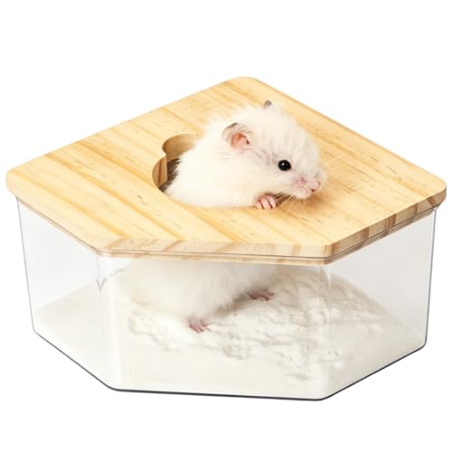Clear Acrylic Hamster Sand Bath Box with Wood Lid Pet Sandbox (D Large) | Transparent pet shower box with wooden cover easy clean digging hideout space saving corner design for Syrian Hamster - style: D Large
