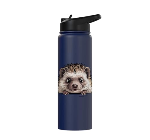 Hedgehog Cute Peeking Spiky Animal Lover Stainless Steel Insulated Water Bottle - color: Navy Blue