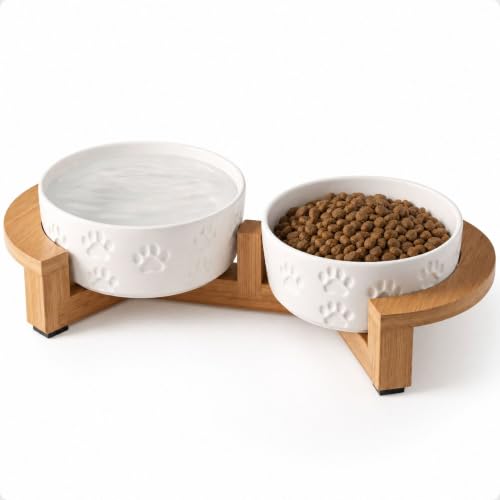 Ceramic Dog Bowl Set of 2, Anti-Skid Bamboo Stand, Elevated, 2 Cups Each | Thick Ceramic Food and Water Bowls Set of 2, Dishwasher Safe, Anti-Skid Rubber Base, 2 Cups per Bowl, Sturdy Bamboo Stand - color: White with Stand, size: Small