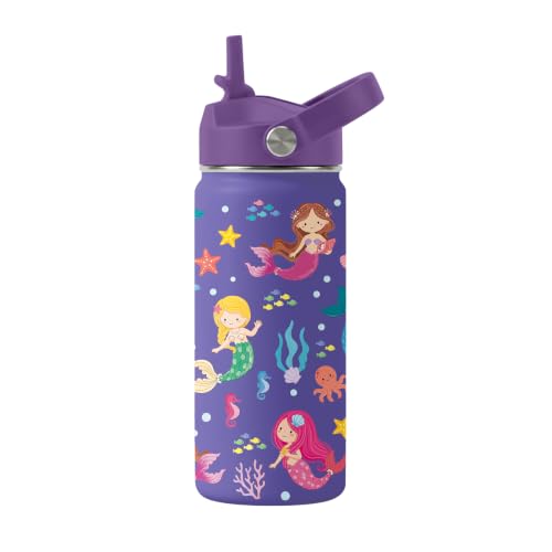 Mermaid 16 oz Water Bottle with Straw – Kid Stainless Steel Vacuum Insulated Cup, Leakproof Straw Lid, Reusable Travel Mug for Outdoor Sports (purple) - color: Mermaid2