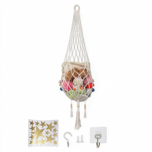 Stuffed Animal Hammock with Hooks, 5 FT Boho Macrame Hanging Toy Storage Net, Cotton Plush Toy Organizer for Wall or Door, Nursery, Kids Playroom, Includes Wall & Adhesive Hook & Star Stickers, Cream