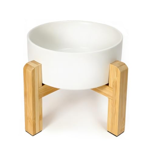 Ceramic Elevated Dog Bowl with Bamboo Stand, for Small & Medium Dog, White - color: White, size: Medium