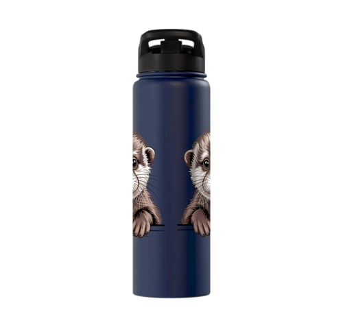 Cute Otter Pup Funny Peeking Pocket Animals Stainless Steel Insulated Water Bottle - color: Navy Blue