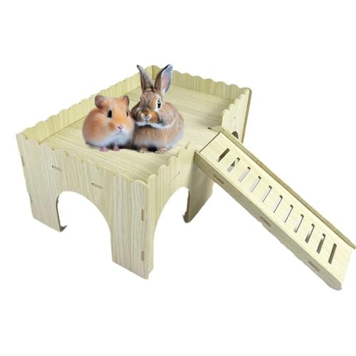 Large Wooden Guinea Pig House - 4 Entrances Small Animal Hide House Hideout with Ramp, Detachable Hut Habitats with Stairs for Hamsters Bunny Chinchillas Hedgeho-g Playing (Wood)