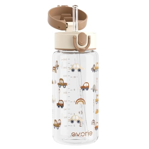 Evorie Tritan Kids Water Bottle with Straw, Leak Proof Drink Bottle,13oz | Ages 3+, BPA-Free, Dishwasher safe, Easy to clean, Lightweight and easy to carry for school and travel, Choco Car - color: Choco Car