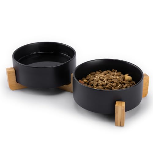 MateeyLife Ceramic Dog and Cat Bowls with Stand, 2-Pack Food and Water Bowl Set - Non-Slip Pet Bowls for Small & Medium Size Dogs，28.7OZ(Black) - color: Black, size: M-3Cup