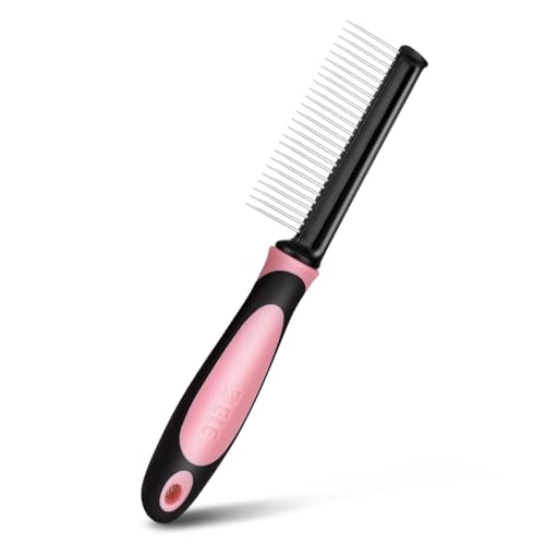 Flexzion Metal Pet Comb for Cats & Dogs - Sturdy Stainless Steel Rounded Teeth with Non-Slip Soft Grip Handle Easy to Use Grooming Detangling Cat Combs for Indoor Cats, Pink - color: Chrome,Pink