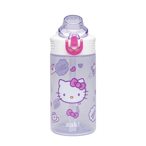 Zak Designs Sanrio Hello Kitty Sage 16oz Leak-Proof Straw Kids Water Bottle | BPA Free, Durable Plastic, Cupholder Friendly, Dishwasher Safe, Easy to Clean, Lid Lock, Handle, For School, Home, Travel - color: Hello Kitty, size: 16 Ounces