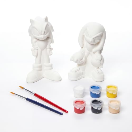 Sonic the Hedgehog Paint Your Own Figurines Craft Kit with Sonic & Knuckles | Sonic Coloring Toy Gifts, Knuckles the Echidna 2 Ceramic Figures, 6 Paints, 2 Brushes, DIY Arts & Crafts Activity for Kids - style: Sonic