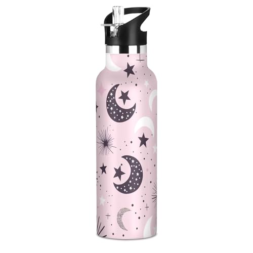 Bohemian Pink Moon Star Girls Insulated Water Bottle with Straw Lid,Vacuum Stainless Steel Mug Leakproof Tumbler Flask Kids Water Bottle for Sports Travel School,20oz - color: Bohemian Pink Moon Star
