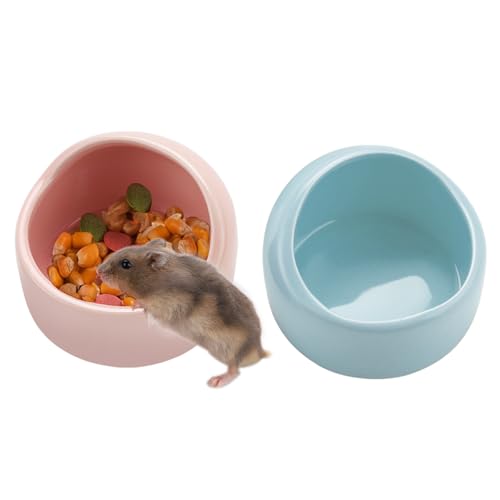 VanEnjoy 2 Pack Medium Hamster Food Bowl Ceramic Guinea Pig Food Dish No Spill Hamster Food and Water Bowl Small Animal Food Bowl - Pink and Blue - size: 2.95"*2.17"