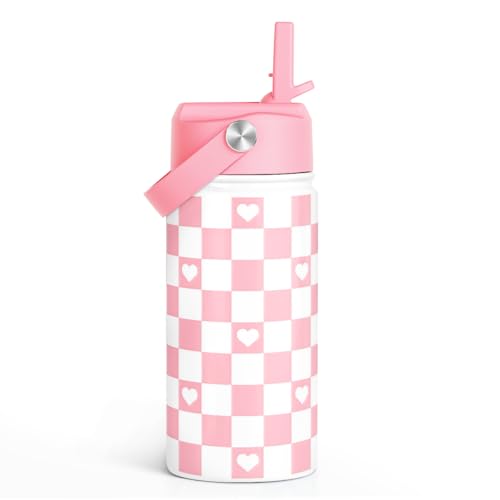 SANDJEST Checker Print Kids Water Bottle With Straw Lid 12oz Insulated Stainless Steel, Travel Tumbler, Pink Bow Gifts For Girls, Birthday, Christmas, Back To School - color: Checker 1