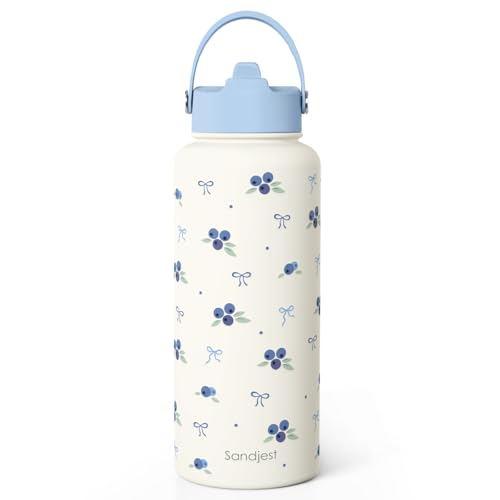 Blueberry Water Bottle Stainless Steel 32oz with Lid & Straw, Fruits Aesthetic Insulated Bottles Gifts for Girls Friends Teens Birthday Christmas - color: Blueberry