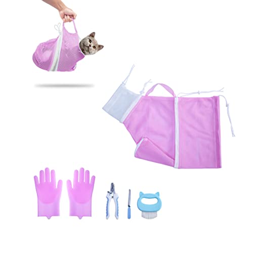 KlerRoem Cat Bathing Bag, Adjustable Anti-bite and Anti-Scratch Cat Shower Mesh Grooming Bag for Pet Dogs and Cats, Includes Pet Nail Clipper, Nail File, Grooming Glove, and Cat Shell Comb - color: Pink Set